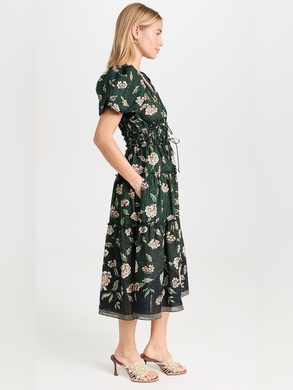 Ulla Johnson Eloisa Dark Green Floral Puff-Sleeve Midi Dress - Picture 2 of 7